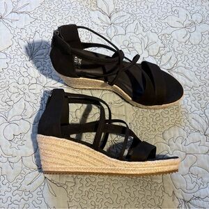 EILEEN FISHER Wanda Black Tumbled Nubuck Espadrille Wedge Sandals NWOB  Sz 9.5